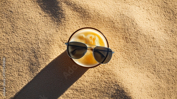 Fototapeta Beach cocktail with a refreshing drink topped with foam, placed in smooth sand with sunglasses on top, sunlit scene, perfect for a summer vacation or a sunny beach day