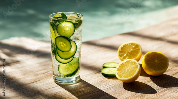 Fototapeta Glass of cucumber mocktail with lemon halves, cucumber slices and ice cubes stands on wooden table by poolside in sunlight, mocktail sparkles with freshness, refreshing summer drink theme
