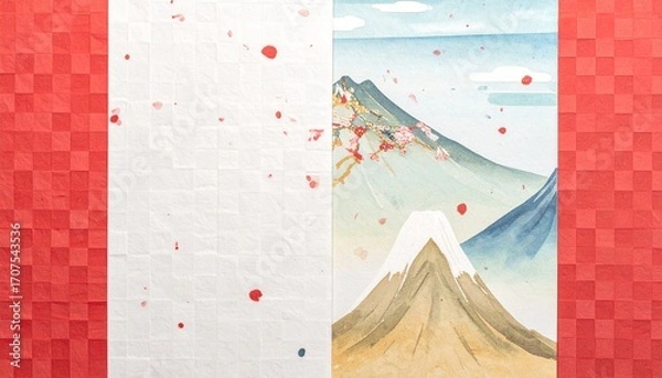 Obraz 富士山のある紅白の和紙素材