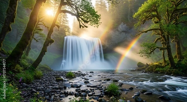 Obraz A breathtaking waterfall cascading over a cliff face, illuminated by a vibrant sunrise, with a double rainbow arcing across the tranquil riverbed.