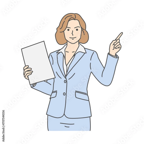 Fototapeta Cartoon illustration of confident businesswoman presenting information with a document in a professional attire