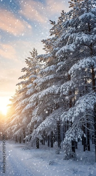 Obraz A wintry forest scene at sunset, showcasing snow-covered pine trees and falling snowflakes, creating a serene and peaceful atmosphere.