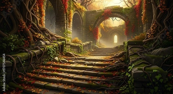Obraz A decaying stone structure, overgrown with foliage, bathed in autumnal light, evokes a sense of peaceful solitude.