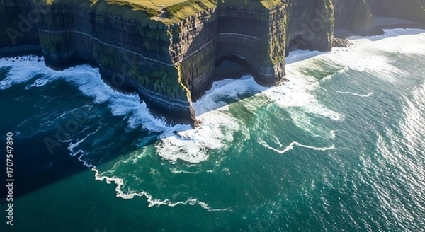 Obraz High-angle view of dramatic coastal cliffs meeting turquoise waves, showcasing a powerful and serene interplay of land and sea.