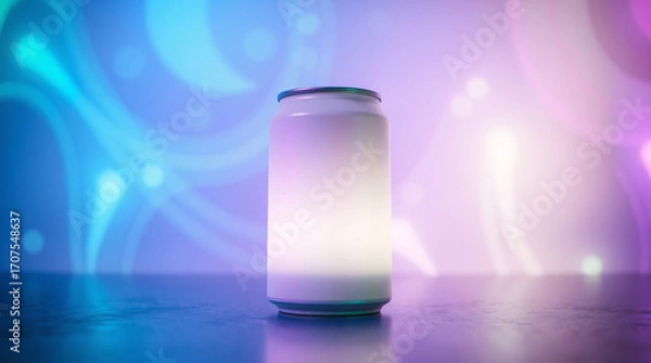 Fototapeta Glowing beverage can with neon blue and pink vapor, creating a futuristic atmosphere.