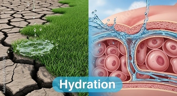 Obraz A comparison of hydration in nature and living organisms, showcasing the importance of water for both dry land and internal systems.