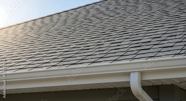Obraz Close-up view of a gray shingle roof and white gutters, showcasing a clean, well-maintained exterior home element.