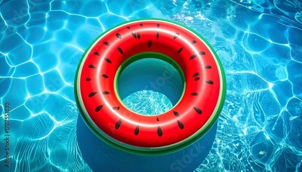 Fototapeta Watermelon pool float in a blue pool