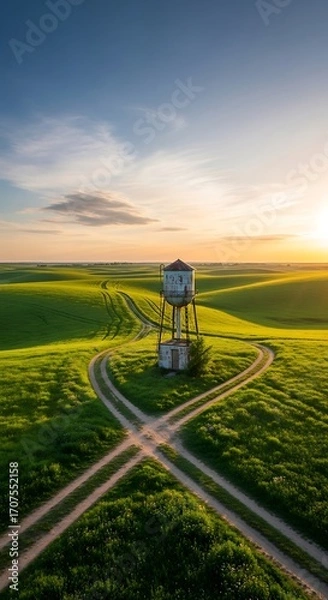 Obraz A picturesque water tower stands at the crossroads of winding paths through a vibrant green field bathed in the warm light of a setting sun.