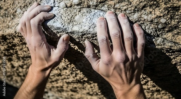 Obraz Close-up view of two hands gripping a textured rock face, highlighting the detail of the rock's surface and the climber's focused posture.