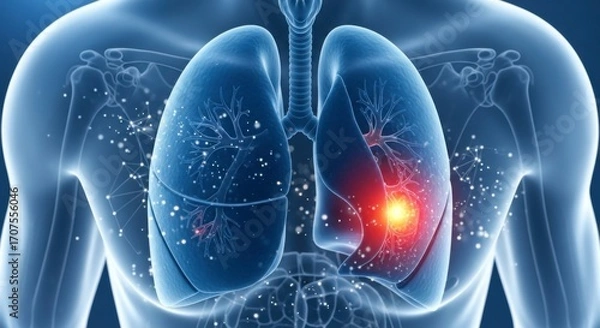 Fototapeta Human lungs with inflammation highlighted in red on a translucent body scan