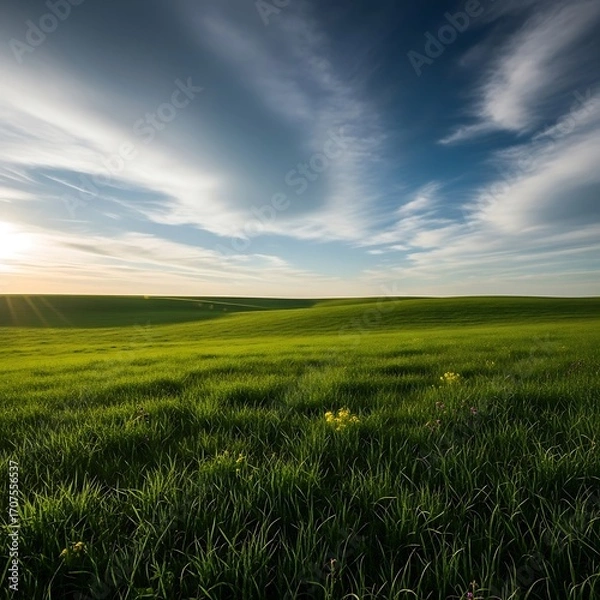 Obraz A vast, grassy plain stretches under a vibrant, sunlit sky, showcasing rolling hills and a serene atmosphere.