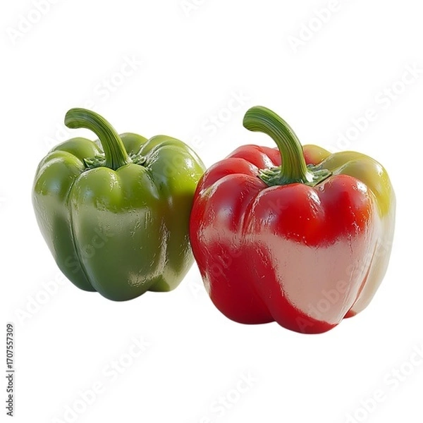 Obraz Fresh Red and Green Bell Peppers Isolated on White Background Organic Capsicum Vegetables for Healthy Eating