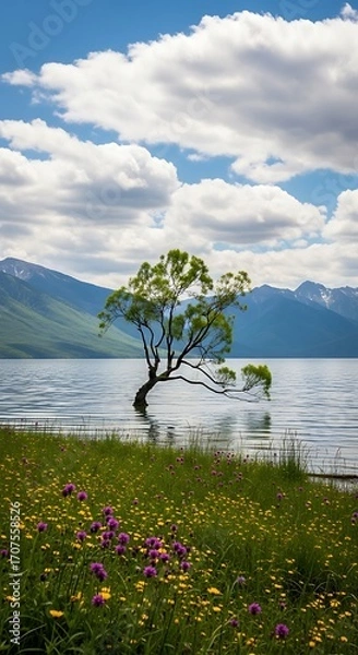 Obraz A solitary, vibrant tree stands gracefully in a tranquil lake setting, surrounded by a colorful meadow of wildflowers under a vast sky dotted with fluffy clouds.