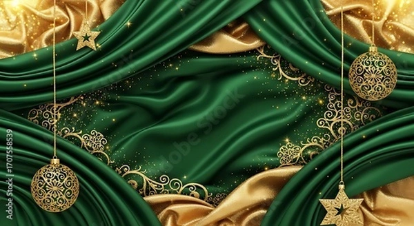 Obraz Luxurious Christmas backdrop with emerald green and gold silk fabric, adorned with decorative ornaments and sparkling accents.