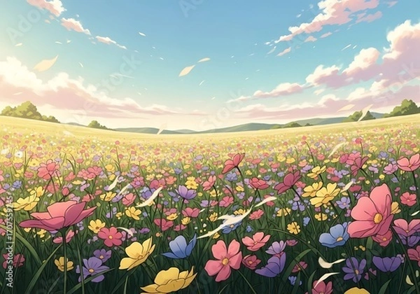 Obraz A vibrant field of colorful cosmos flowers stretches across a landscape under a serene sky filled with fluffy clouds.