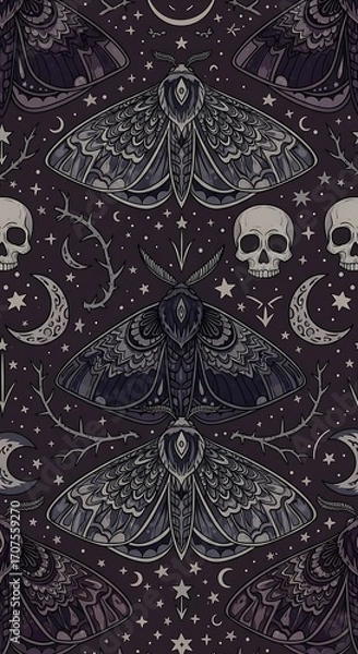 Obraz A mystical, ornate pattern of moths, moons, stars, and skulls, set against a deep indigo background, evokes a nocturnal, enchanting mood.