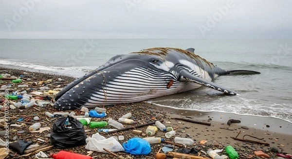 Obraz A whale lies deceased on a beach littered with plastic waste, highlighting the devastating impact of pollution on marine life.