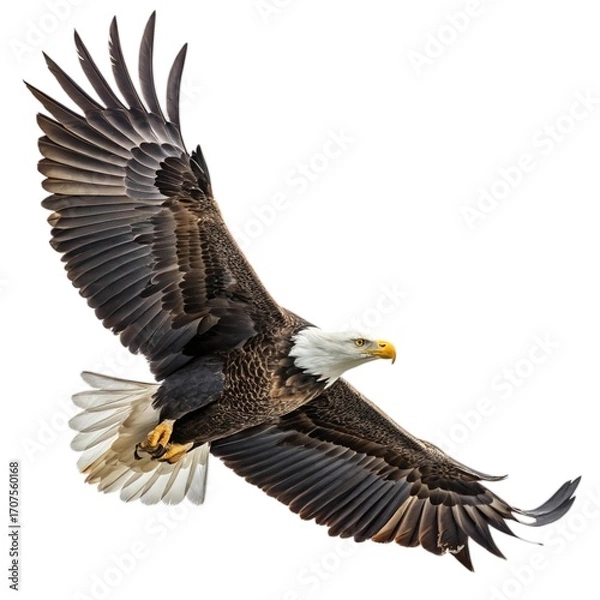 Fototapeta Majestic Bald Eagle in Flight Stunning Wildlife Photography White Background Nature Image Bird of Prey Soaring Wings