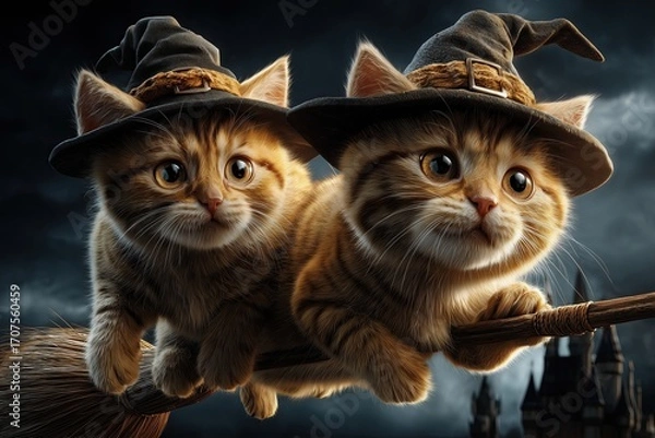 Fototapeta cute kittens wearing little witch hats flying together on broomsticks across the night sky halloween illustration