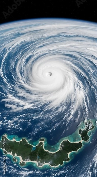 Obraz A powerful tropical cyclone swirls over a chain of islands, showcasing the destructive force of nature from a high altitude.