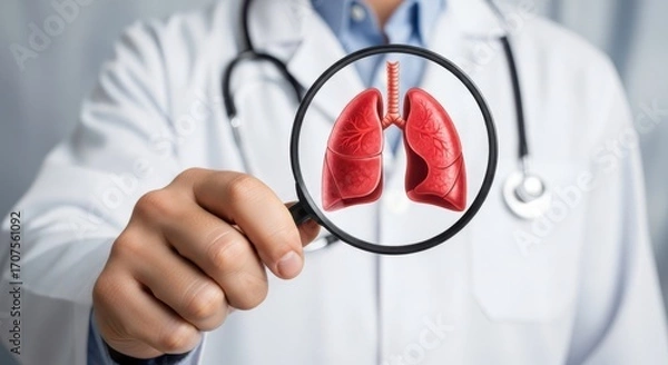 Fototapeta Doctor examining lungs with magnifying glass in a medical examination scene