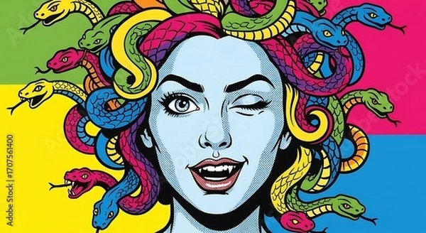 Obraz Vibrant pop art portrait of Medusa, showcasing colorful snakes and a striking expression.