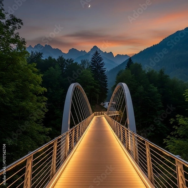 Obraz A modern pedestrian bridge stretches across a valley at dusk, illuminated by warm lighting and framed by lush green forests and a majestic mountain range.