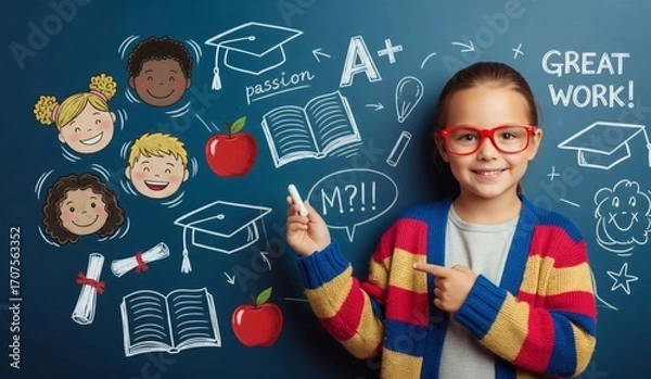Fototapeta Kid imagining education with doodles on chalkboard background in 