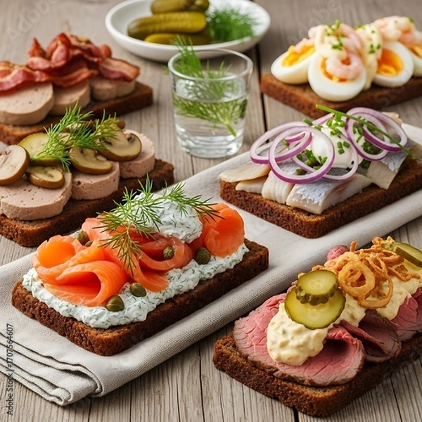 Obraz Assorted open-faced sandwiches, featuring smoked salmon, sliced roast beef, seafood, and liver p?t?, displayed on a light-colored tablecloth over a light-colored wooden surface.