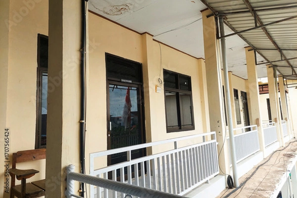 Fototapeta White Classroom Building with two floors showing the walls
