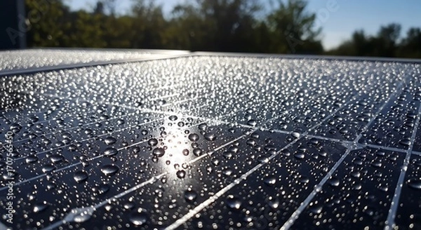 Obraz Water droplets reflect sunlight on a solar panel surface, highlighting the grid pattern.