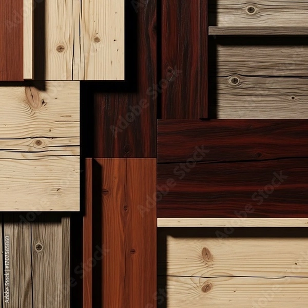 Obraz A geometric arrangement of various wood tones and textures creates a visually engaging abstract design.