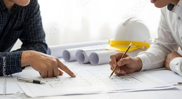 Fototapeta Engineers working on construction blueprint and project planning