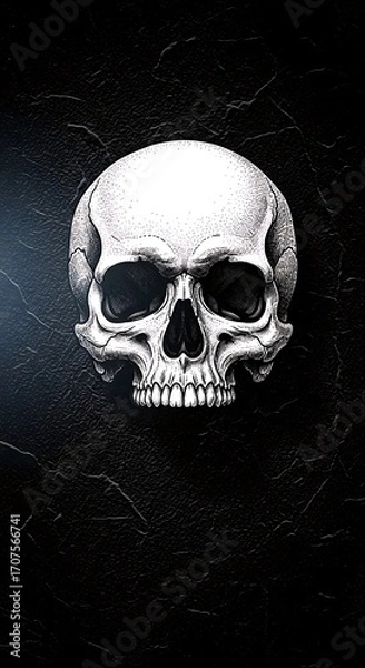 Obraz A detailed grayscale illustration of a human skull set against a textured dark background.