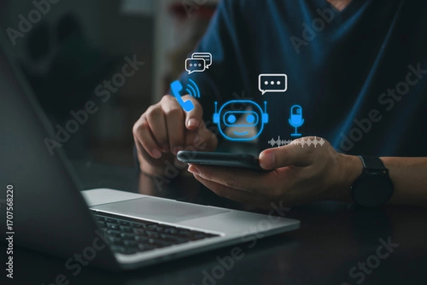 Obraz Chatbot, Support person uses a smartphone next to a laptop with chat bubbles, call, and mic icons to contact an AI assistant, highlighting customer service automation and omnichannel concept.