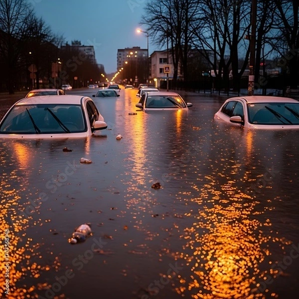 Obraz Cars submerged in a flooded city street at twilight, reflecting the ambient light.