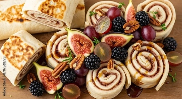 Obraz Deliciously arranged cinnamon rolls, figs, grapes, and blackberries, drizzled with honey, are presented on a wooden surface.