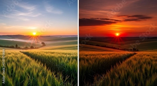 Obraz A breathtaking landscape view of a sunrise and sunset over rolling hills and a golden wheat field, showcasing a vibrant color palette and a serene atmosphere.