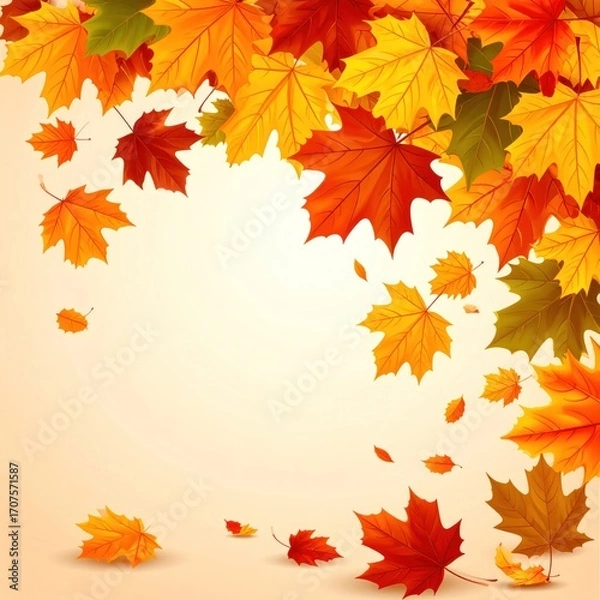 Obraz Autumn leaves vibrant cascade of maple leaves in warm yellows, oranges, and reds against soft beige gradient background