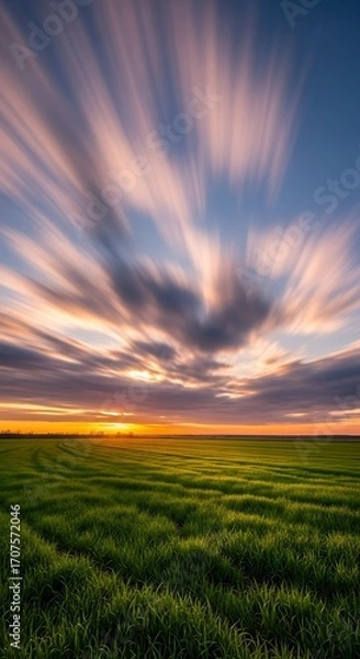 Obraz A vibrant sunset paints a field of green grass with streaks of colorful clouds.