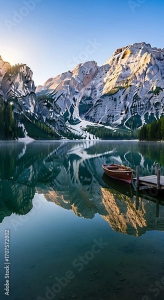 Obraz Serene mountain lake reflects the majestic peaks in a still morning light, showcasing a picturesque scene of tranquil nature.