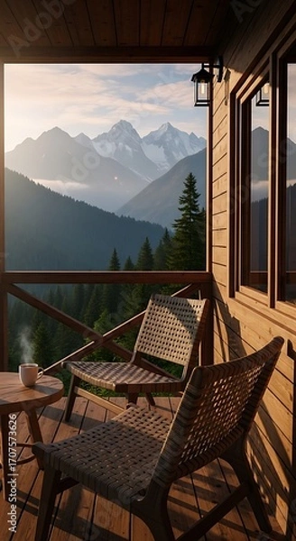 Obraz A wooden porch, furnished with woven chairs and a small table, overlooks a misty mountain range at sunrise.