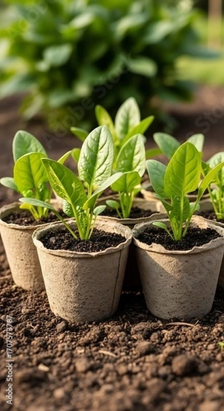 Obraz Young spinach plants are nurtured in small, biodegradable pots, set in rich soil, ready for a vibrant garden.