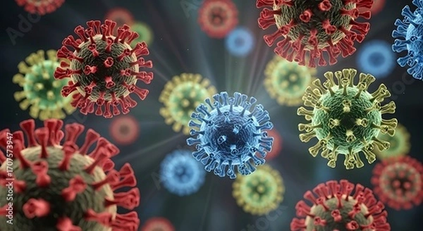 Obraz Colorful illustration of various virus particles in three-dimensional representation.