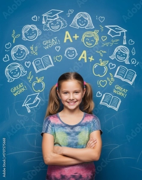 Fototapeta Kid imagining education with doodles on chalkboard background in 