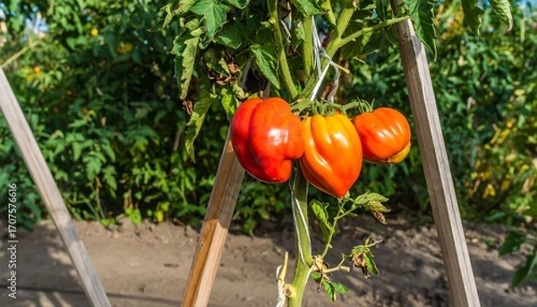 Fototapeta Ripe tomatoes hanging from a vine in a garden