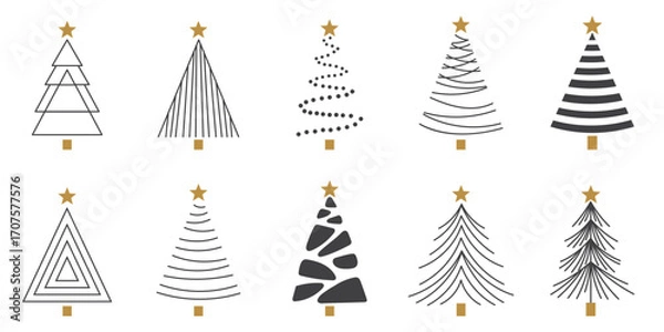 Fototapeta Set of christmas tree line art. Abstract linear christmas tree. Hand drawn christmas trees doodle. Minimalist and elegant christmas ornament. Vector illustration.