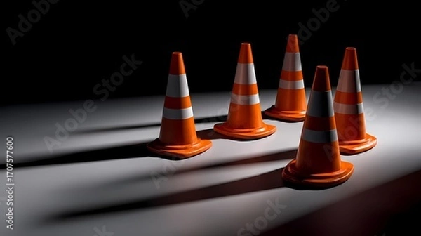 Fototapeta Traffic Cones in a Dark Setting with Strong Shadows and Highlights