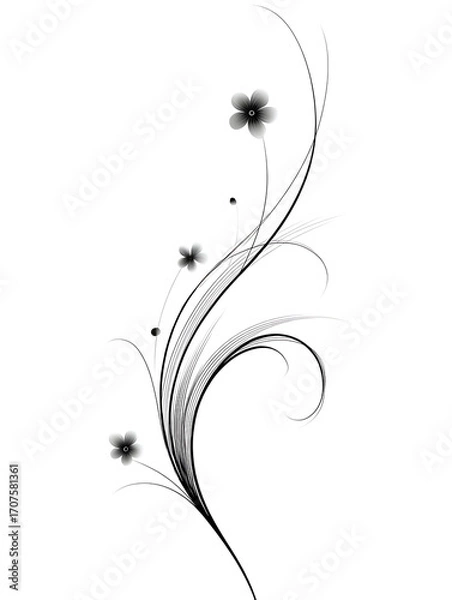 Fototapeta Elegant symmetrical decorative scroll vector with simple black lines on white background featuring two small floral accents, minimalist 2D design, refined curves